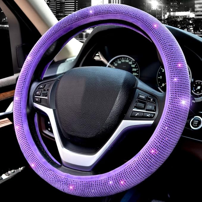 Valleycomfy Steering Wheel Cover for Women Bling Bling Crystal Diamond Sparkling Car SUV Wheel Protector Universal Fit 15 Inch (Purple,Standard Size(14" 1/2-15" 1/4))