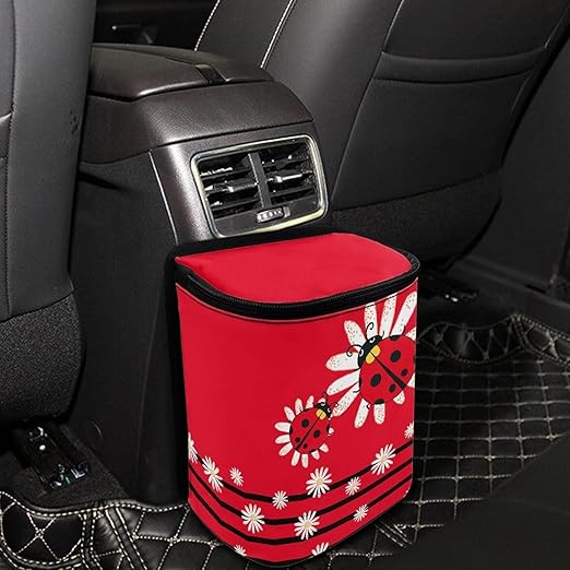 KEIAHUAN Red Ladybug Daisy Hanging Car Trash Can for Back Seat Cute Trash Bag Collapsible and Portable Garbage Bin Large Capacity Automotive Garbage Cans