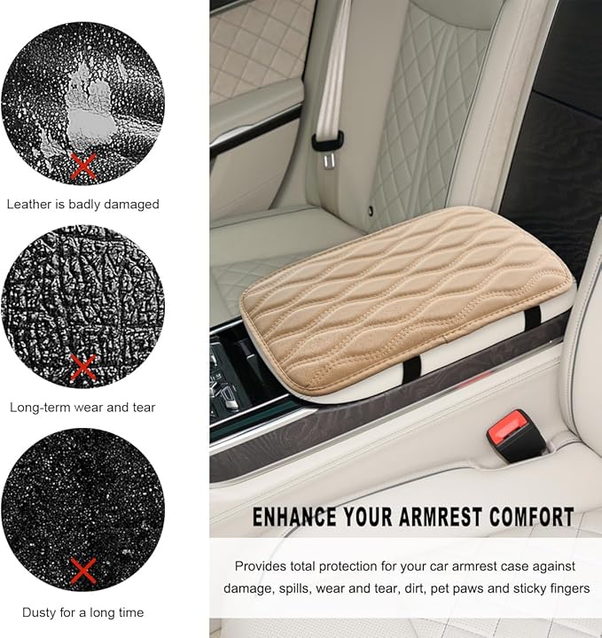 Car Center Console Pad, Waterproof Leather Armrest Seat Box Cover Protector, Non-Slip Middle Console Cushion Pad Interior Decor Fits Most Vehicles, Car Accessories (Beige)