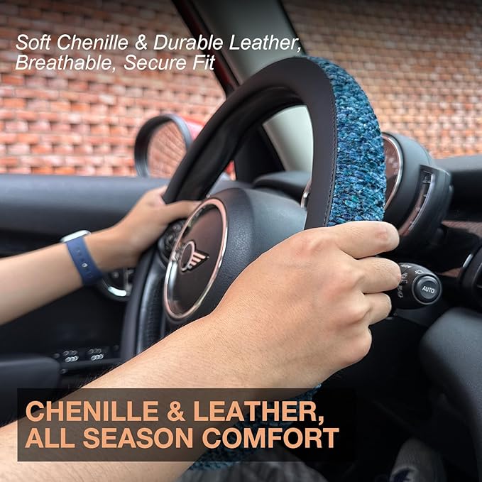 PINCTROT Large Size Chenille Leather Steering Wheel Cover, Soft Mottled Colors, Sweat-Proof, Non-Slip Grip, All-Season Comfort, 15.5-15.75 Inch(Mottled Blue)