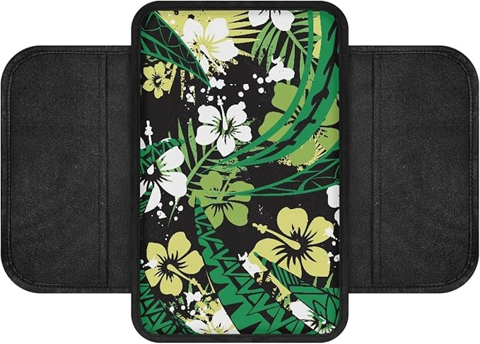 CLOHOMIN Green Polynesia Auto Armrest Cover Pad Hibiscus Car Armrest Seat Box Cover Fashion Center Console Cover for Car Truck Van Sedan Accessories