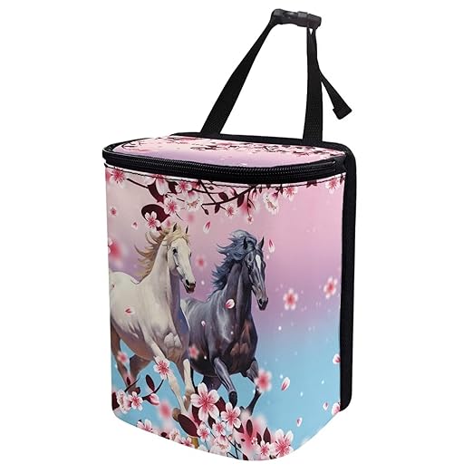 Horse Animal Car Trash Bin Bag with Pink Cherry Blossom,Hanging Auto Garbage Can Waste Storage Bag Universal Fit Most Vehicle Truck SUV,Durable and Leak Proof