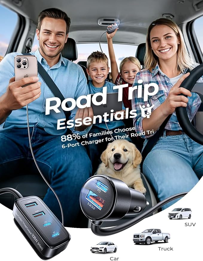 AINOPE 108W Multiple Ports Car Charger, Road Trip Essentials for Kids, Travel Essentials for Long Trips, 6-Port USB C Cigarette Lighter Adapter Fast Charging for iPhone 17 16 15 for iPad [+5FT Cable]