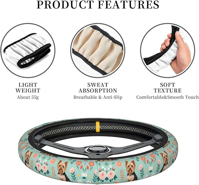 Dogs Flower Art Universal Fit Steering Wheel Cover for Car, Truck, and SUV, Durable Steering Wheel Protection