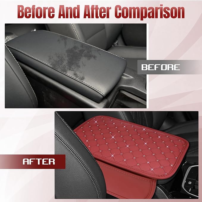 wuyaoyao Bling Car Center Console Cover, 11.81"×7.87" Leather Auto Arm Rest Cover Protector with 2 Storage Bags, Vehicle Crystal Rhinestone Armrest Cushion Pad, Interior Car Accessories (Wine Red)