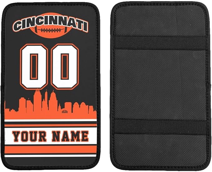Custom Cincinnati Car Armrest Covers Personalized Football Style with Name Number Customized Auto Center Console Pad Car Handrail Box Cushion for Most Vehicle Decor Accessories, Fans Gift