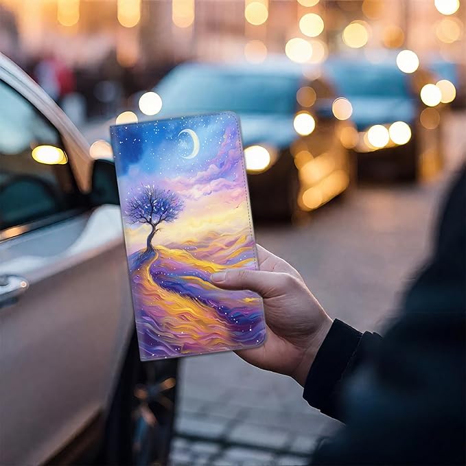Car Registration Holder, PU Leather Vehicle Card Document Glove Box Organizer, Women Interior Auto Accessories Case for Cards, Driver License Car Insurance Holder, Purple Dark Night Trees Starry Sky 2