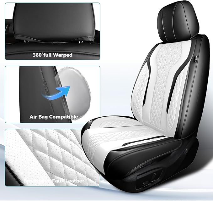 FEINEPRO Leather Car Seat Covers Full Set, Breathable Faux Leather Seat Covers for Cars SUV Sedan Waterproof Blackwhite