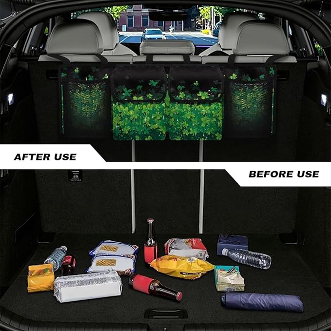 Lucky Leaf Hanging Trunk Organizer, St. Patrick's Day Foldable Car Trunk Organizer Back Seat with 4 Large Pockets, Hanging Trunk Organizer Universal for Vehicles (with Mesh Bag)
