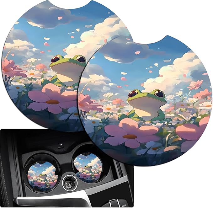 JANENFNA Car Armrest Cover Pads Universal Fashion Cute Auto Center Console Armrest Cover Pad with 2PCS Car Coasters Soft Waterproof Car Armrest Seat Protector for Women,Green Frog in Flowers