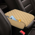 Upgraded Car Center Console Cover, Armrest Cover for Car, Waterproof Leather Auto Armrest Cover Protector with 2 Pocket, Comfortable Arm Rest Box Cushion Pad for Vehicles, Trucks (Beige)