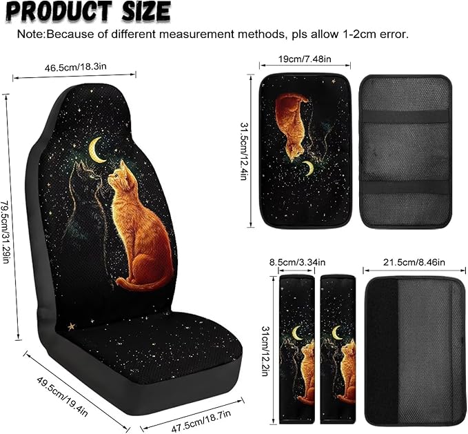 Oramclsy Cat Heavy Duty Car Seat Cover Set Star Armrest Pad + PU Breathable Seat Belt Pad Essential Car Accessories