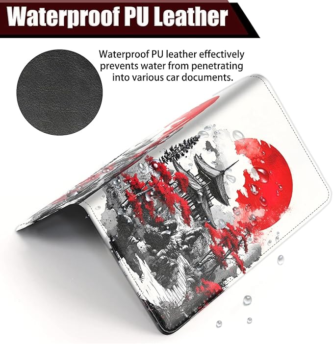 Car Document Holder with Magnetic Shut, Car Registration and Insurance Card Holder, Vehicle Glove Box Organizer Documents, Driver License, Auto Paperwork Organizer, Red Moon On Japanese Pagoda