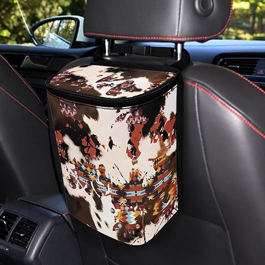 Southwestern Aztec Cow Brown Car Trash Can Garbage Bin Leak Proof Waste Basket Bin with Lid,Portable Camping Garbage Container Fit Most Vehicle