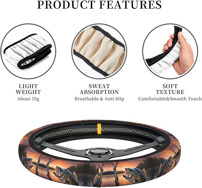 Largemouth Bass Fishing Universal Fit Steering Wheel Cover for Car, Truck, and SUV, Durable Steering Wheel Protection