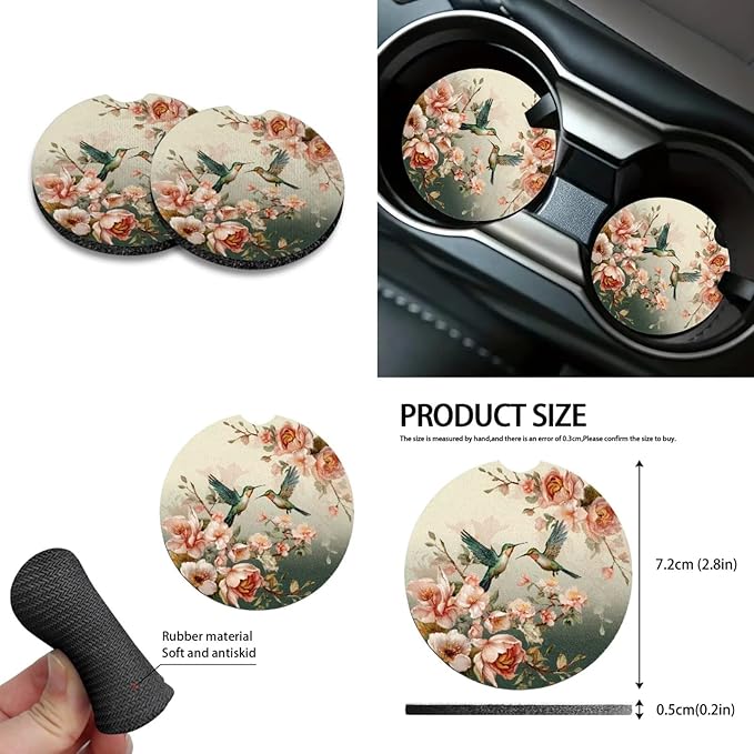 Hummingbird Flower Printed Car Accessories Sets for Women, Universal Front and Rear Split Bench Seat Covers for Cars with Matching Steering Wheel Cover Trash Can Air Vent Storage Bag Coaster
