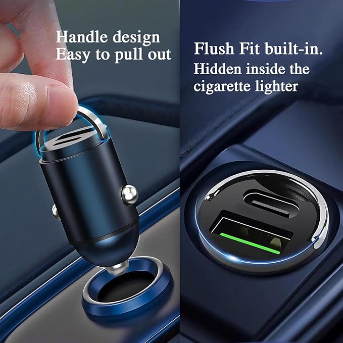 130W Mini Car Charger+3in1 USB Cable Fast Charging[QC100W+PD30W] Invisible Flush Fit Cigarette Lighter Adapter with Type C Cable,Dual Port for iPhone iPad Samsung MacBook Laptop Dashcam