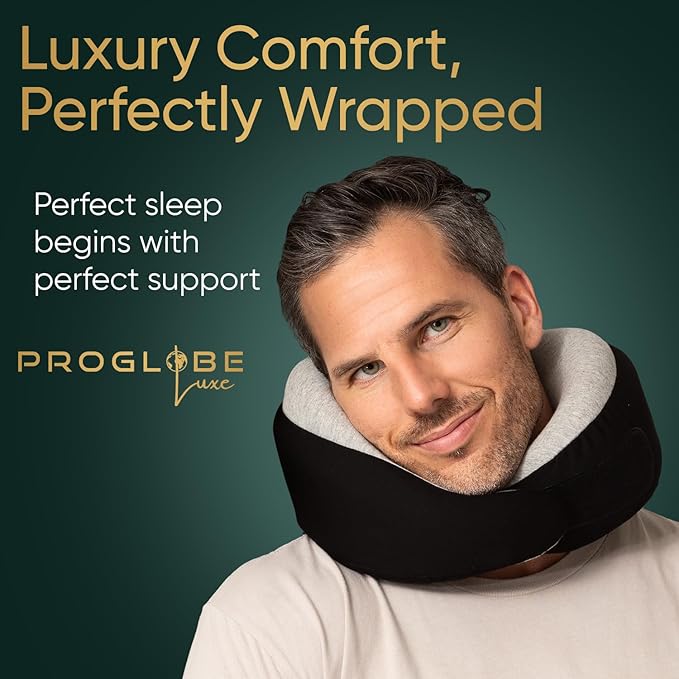 Proglobe Luxe Memory Foam Travel Neck Pillow for Airplanes, Ergonomic 360° Support with Soft Chin Support, Organic Cotton Cover, Compact Compression Bag, Charcoal Black