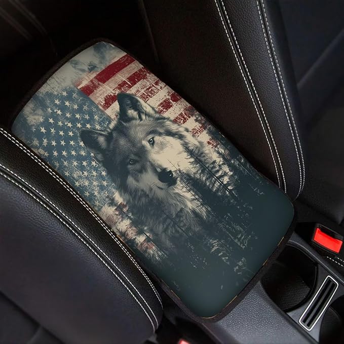 Wolf Forest Print Car Center Console Armrest Cover American Flag Print Armrest Box Protector Cover Universal Fits Truck Sedan SUV, Auto Interior Decor