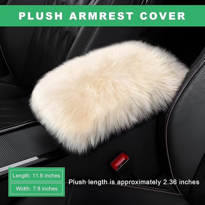 Furry Car Center Console Cover Pad, 11.8"×7.9" Auto Fluffy Plush Center Armrest Protective Cover, Comfortable Fuzzy Armrest Seat Box Protector Cushion for Cars Trucks SUVs (Light Beige)