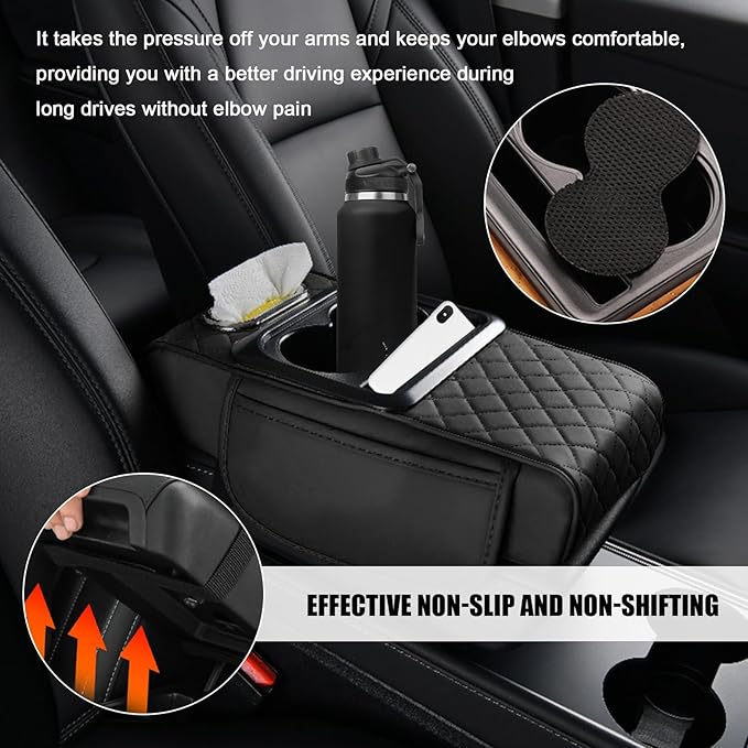 Car Center Console Armrest Pillow, Leather Arm Rest Cover Pad with 2 Storage Pockets Cup Holder & Phone Slot, Soft Middle Console Cushion Protector for Most Vehicles (Black, Embroidered)