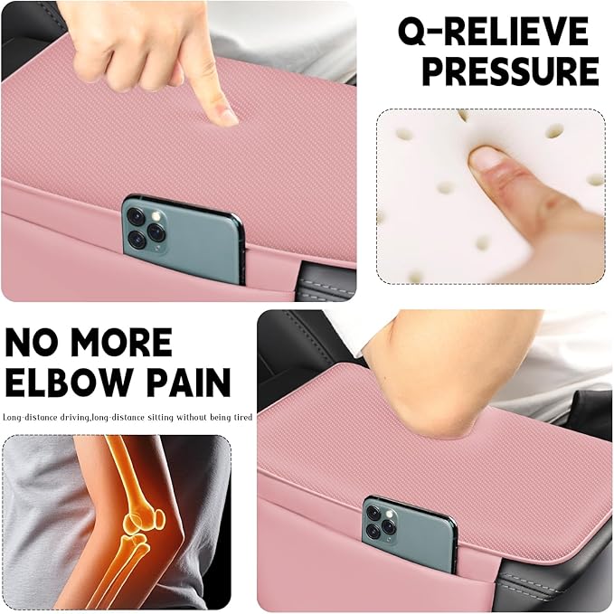 Car Armrest Cover Pad - Nappa Leather Car Center Console Cover with Breathable Holes, Non-Slip Auto Arm Rest Cushion, Universal Car Interior Accessories Fit forTesla Model Y Most Cars, SUVs (Pink)