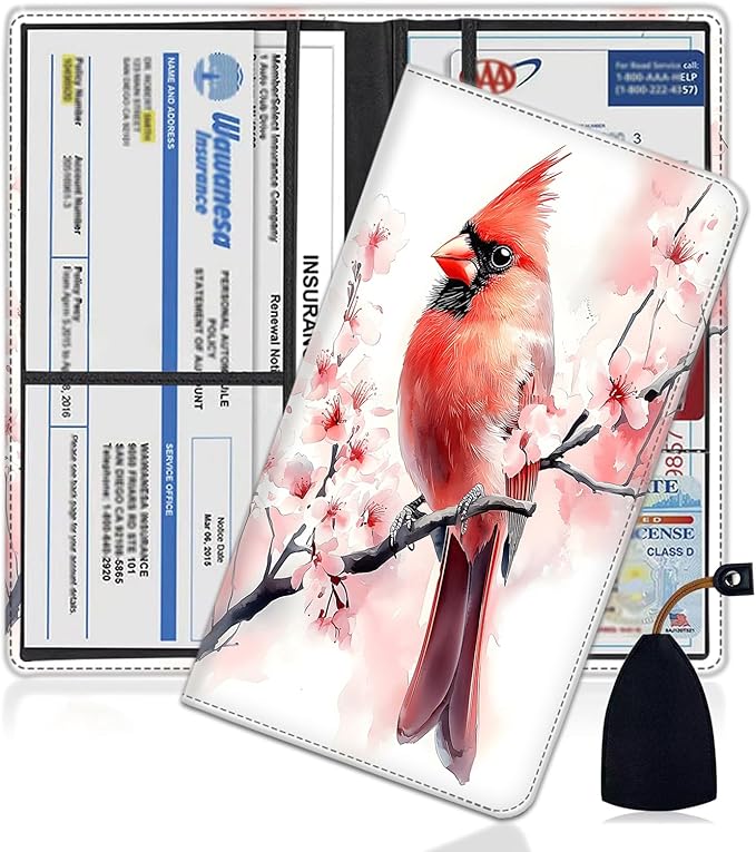Car Document Holder with Magnetic Shut, Car Registration and Insurance Card Holder, Vehicle Glove Box Organizer Documents, Driver License, Auto Paperwork Organizer Wallet, Red Bird In Cherry Blossoms