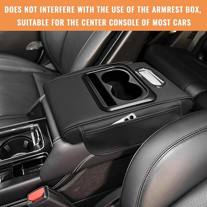 Car Center Console Armrest Pillow, 5-in-1 Armrest Cushion w/ 2 Side Bags, Tissue Box Slot, Cup & Phone Holder, Multifunctional Leather Arm Rest Cover Storage Organizer (Black, Normal)