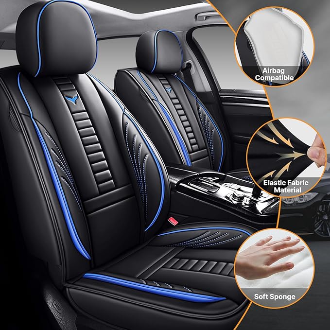 Pengchen Waterproof 5 Car Seat Covers for Honda Accord Crosstour 2010-2011, Premium Faux Leather Automotive Front and Back Seat Protectors Compatible with Airbag Black & Blue Line