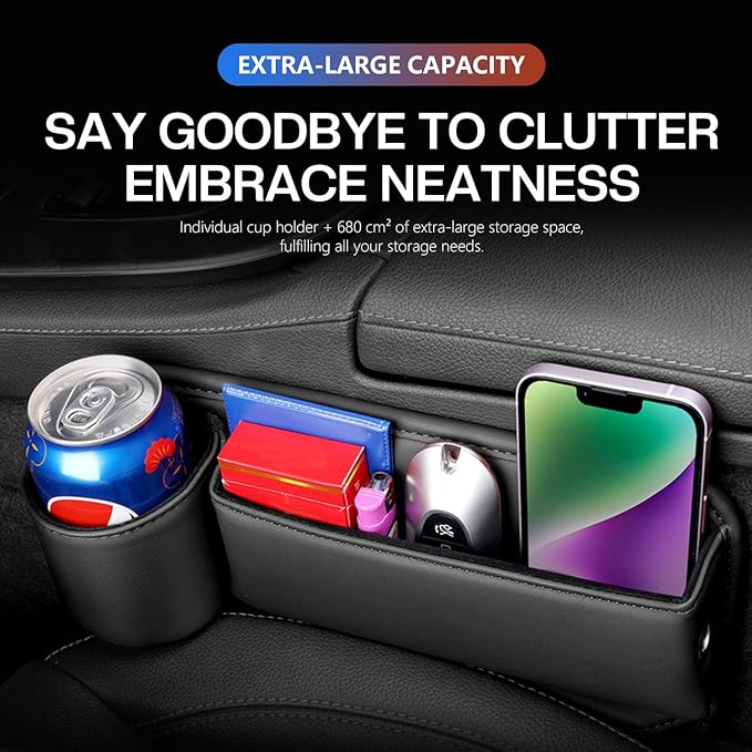 Car Leather Cup Holder Gap Bag, Car Seat Gap Filler Organizer with Water Cup Holder and Phone Charging Hole (White, Passenger Side)