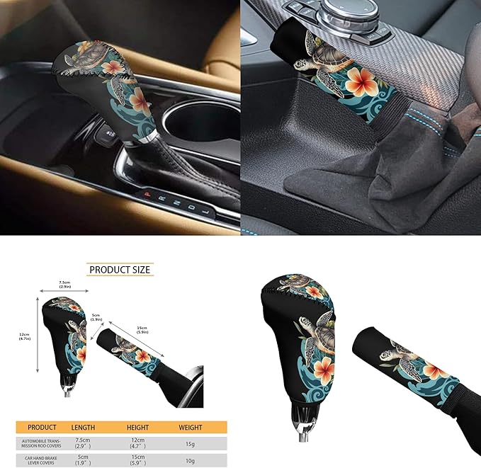 Blue Sea Turtle Steering Wheel Cover Sets Flower Print Car Accessories Handbrake Cover Cup Coaster Car Interiors Decor for Men Women 6pcs