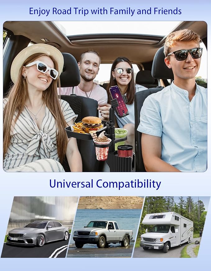 Car Cup Holder Tray - 5 in 1 Adjustable Car Cup Holder Expander with Food Tray Table and Phone Mount for All Purpose, Automotive Essentials for Driver and Front Passenger