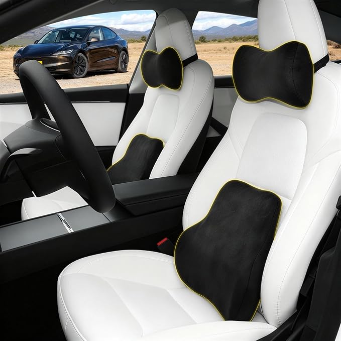 Car Neck & Lumbar Support Pillow Set for Tesla Model 3, Ergonomic Soft Memory Foam Headrest & Back Cushion, Adjustable Straps for Secure Fit, Comfortable for Daily Driving and Long Trips, Suede Cover