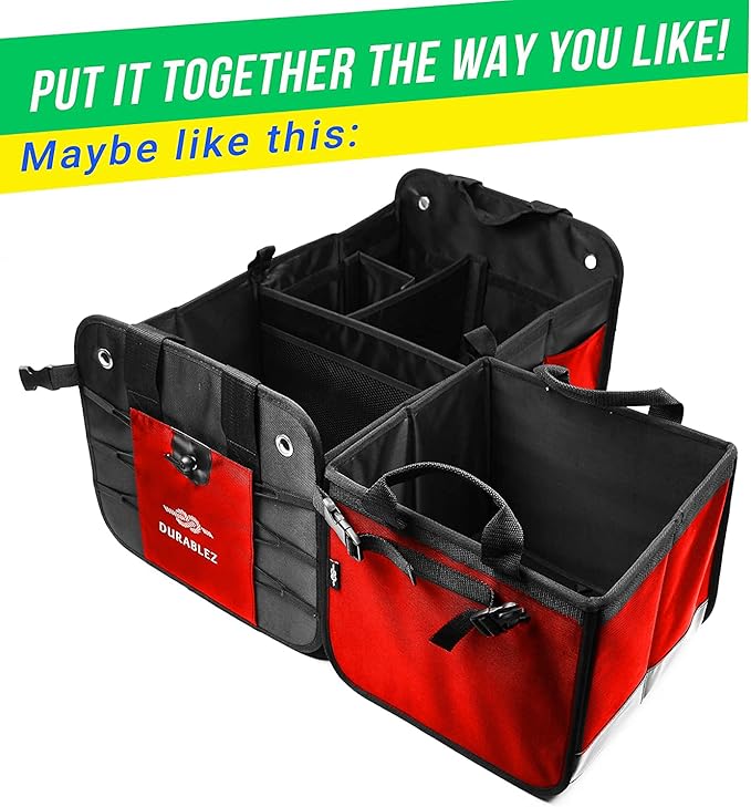 DURABLEZ XL Trunk Organizer 3-Section Modular – Extra Large Car Storage for Groceries & Travel Gear, Multi-Compartment Foldable Cargo Bin – Red