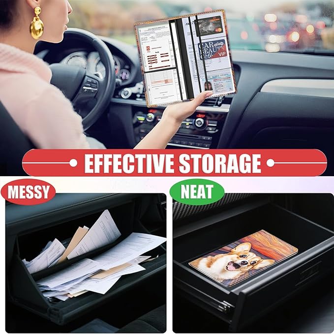 Car Registration Holder, Waterproof PU Leather Vehicle Card Document Glove Box Organizer, Women Interior Auto Accessories Case for Cards, Driver License Car Insurance Holder, Corgi Dog Oil Painting
