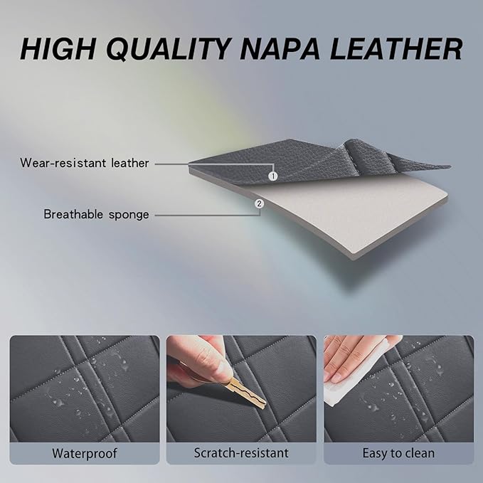 crossmiles Faux Leather Car Seat Covers Full Set, Foam Seat Cover for Car, Universal Car Seat Protector with Waterproof and Breath Fit for Cars, Trucks, SUV, Vans (Grey Square)