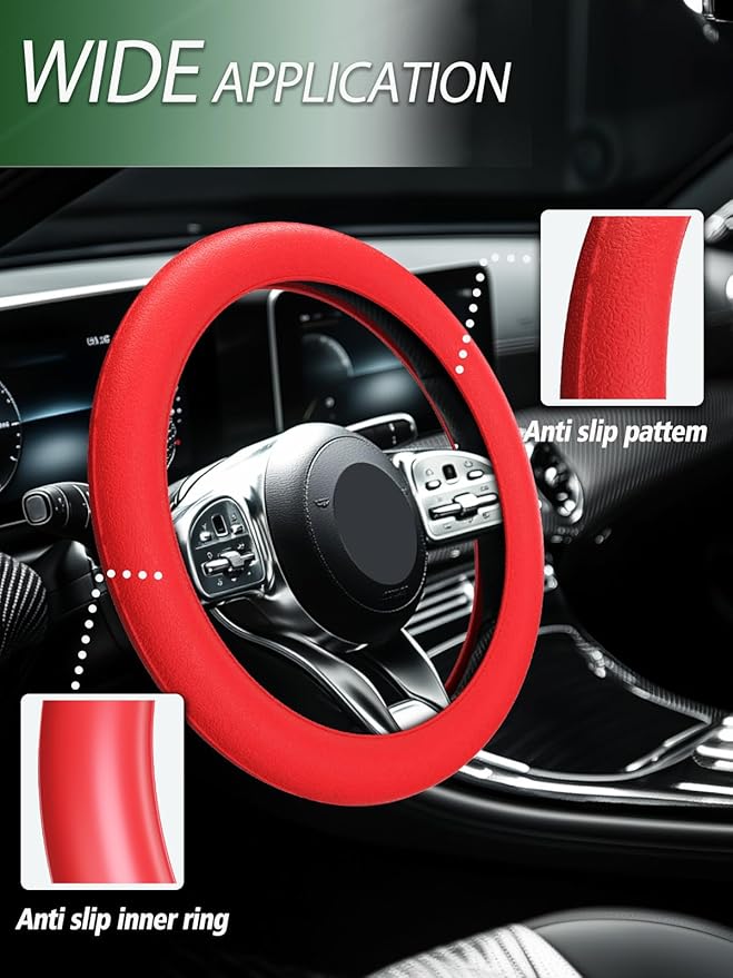 LRITER Car Steering Wheel Cover, Non-Slip Silicone Material, Multiple Color Choices, Universal Auto Parts Steering Wheel Cover, Suitable for Most Cars (Red)