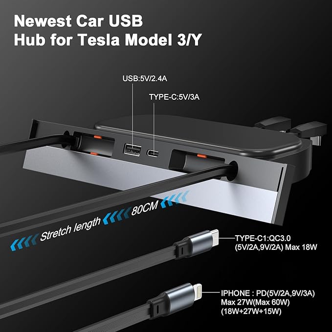 Blacloachai Waterproof USB Hub for Tesla Model 3 and Model Y - 2023/2022/2021 Dock with 4-Port Retractable Charging Cable Supporting Fast Charging (not Compatible with 2024 Model 3)