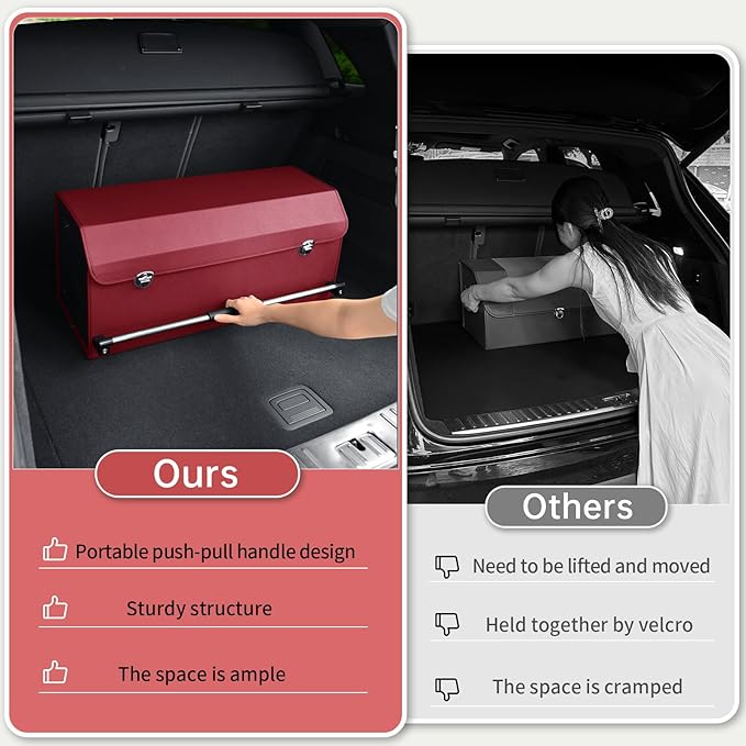 XCF Car Trunk Organizer, Trunk Organizer for SUV with Push-pull Handle and Lid Car Leather Trunk Storage Box (Claret, 27.17 x 11.42 x 12.2in)
