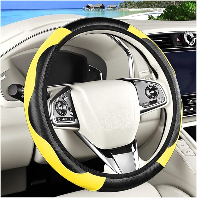 Carbon Fiber Car Steering Wheel Cover, 14.5-15 Inch Elastic Stretch Steering Wheel Guard, Sports Style Non-Slip Automotive Interior Accessories, Universal for Vehicles (Yellow)