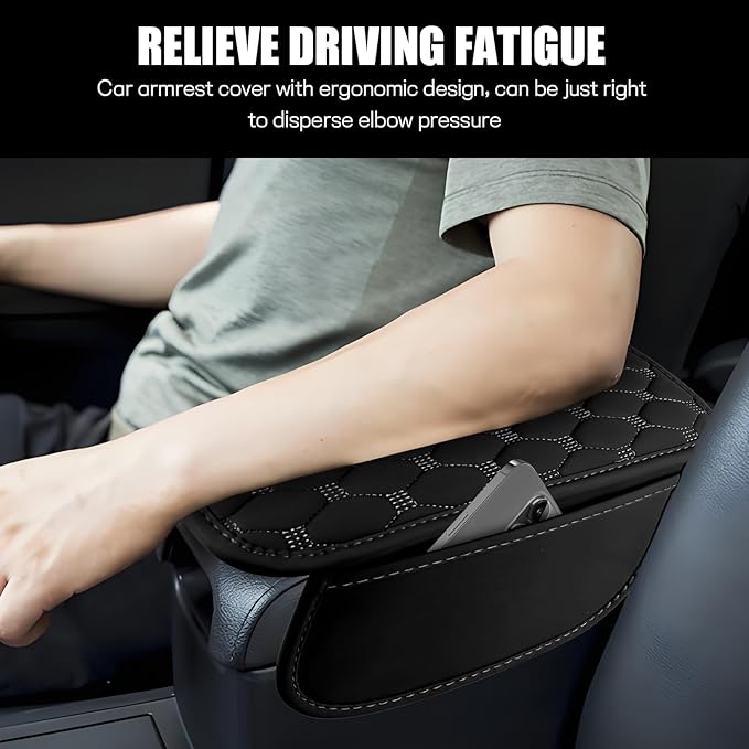 Car Center Console Cover, Leather Auto Armrest Cover Protector, Waterproof Armrest Center Console Pad with 2 Storage Bags, Universal Armrest Seat Box Pad for Vehicle SUV Truck (Black)
