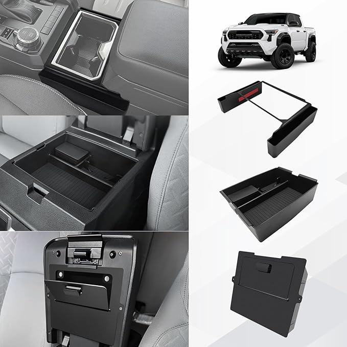 Muslogy Center Console Organizer Compatible with 2024 2025 Toyota Tacoma 4th Gen Accessories Interior Storage Box Insert Tray Phone Pocket(Console Organizer+Hanging Storage +Hidden Box)