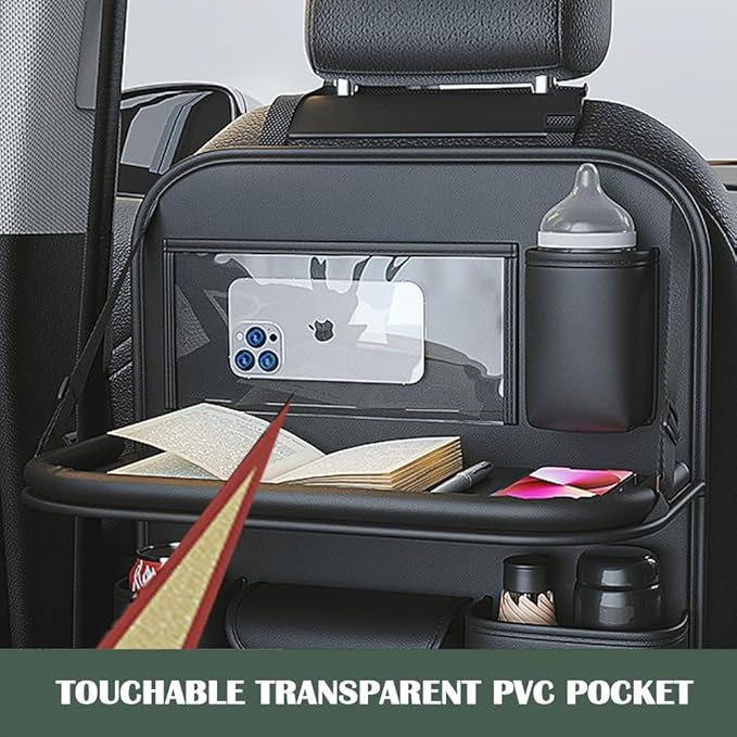 QIANKUNBAG 2 Pack Leather Car Backseat Organizer with Foldable Table Tray, Car Storage Organizer with Tablet Holder, Car Seat Back Protectors Kick MatsTravel Accessories