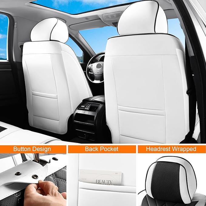GEZHOUBA Black White Car Seat Covers Front Seats, Luxury Leather Automotive Seat Covers with Lumbar Support, White Car Inner Accessories Seat Protector Universal Fit for Most Cars Trucks Pick-ups SUVs