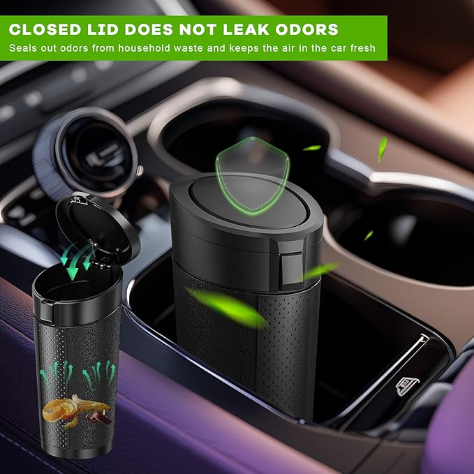 Car Trash Can Bin with Lid, Cup Holder Garbage Container Leakproof Vehicle Door Trash Bin, Mini Portable Dustbin Multipurpose Organizer for Auto Side Door Home Office (Black)