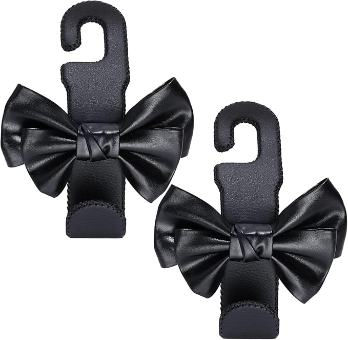TISOHUGO Car Purse Hook, Cute Bow Hooks for Headrest - Leather U-Shaped Purse Holder for Car, Flexible Seat Back Organizer & Durable Vehicle Accessories for Bags, Coats & More (Black-2 Pack)