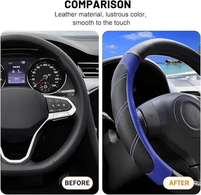 Car Steering Wheel Cover, 15 Inch Carbon Fiber Leather Non-Slip Steering Wheel Protector with Lining, Breathable Automotive Interior Accessories, Universal for SUV RV Truck (Blue)