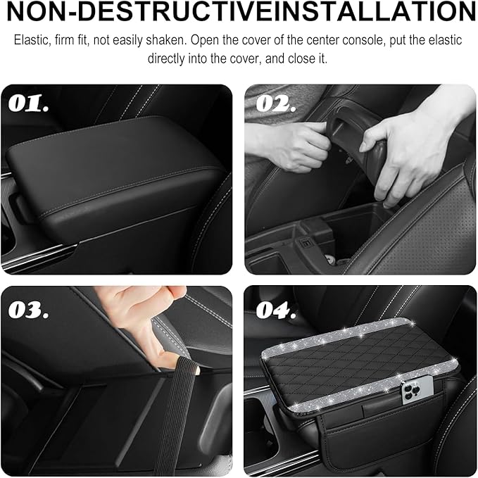 NBTEPEM Bling Car Center Console Cover, Leather Car Arm Rest Cover Cushion with 2 Storage Bags, Universal Auto Armrest Protector Storage Box, Bling Accessories Interior for Most Vehicles (Silver)