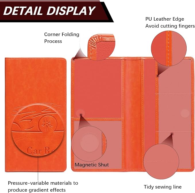 Peisicne Car Registration and Insurance Card Holder for Women Men, Orange Glove Box Paperwork Organizer with Magnetic Buckle for Easy Access and Protect Documents and Various Cards in Vehicle