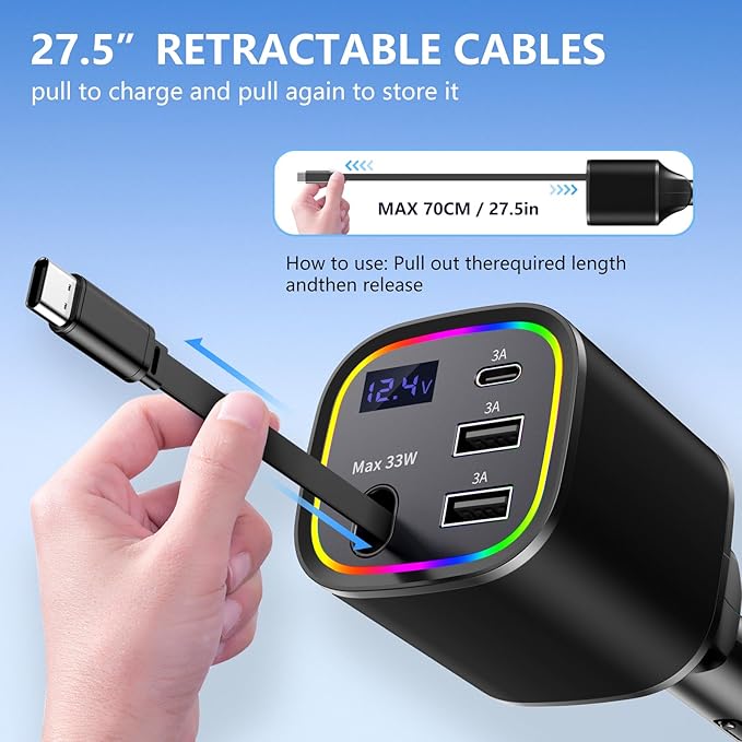 Retractable Car Charger, 4 in 1 Fast Car Charger 78W, with Type C, 2 USB-A Ports and 1 USB-C Port for Fast Charging, Compatible with iPhone 16/15/14/13/12/11, Galaxy, Pixel (Black)
